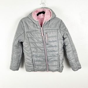 EDDIE BAUER Deer Harbor Pink Plush Silver Quilted Reversible Hood Jacket Large